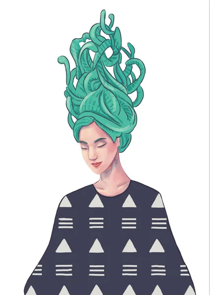 Digital illustration of a woman with green curly tangled hair dressed in black with a geometric pattern on white background
