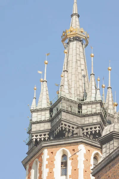 Πολωνία, Κρακοβία, st Mary εκκλησίας πύργους, μεσημέρι, που ο Σαλπιγκτής παίζει — Φωτογραφία Αρχείου