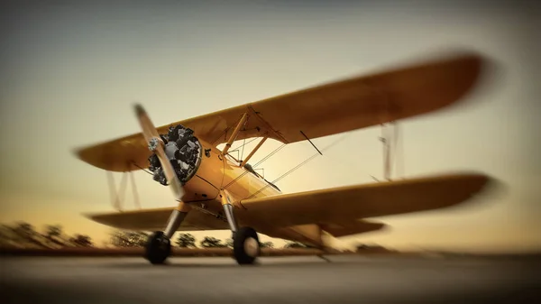 Avião Esportes Uma Pista Contra Pôr Sol — Fotografia de Stock