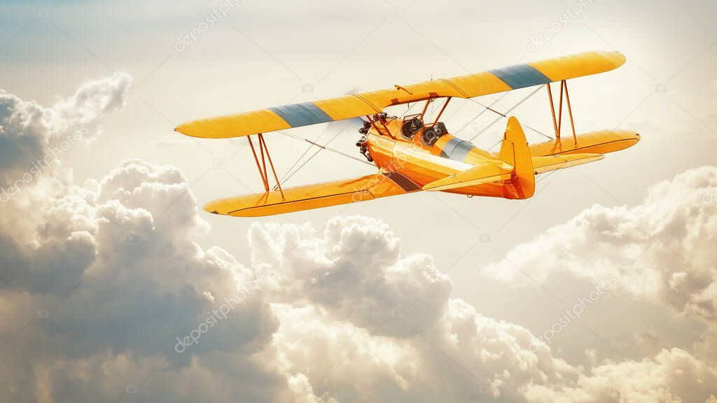 historical biplane into the clouds