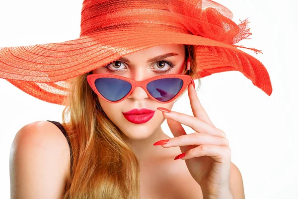 Young Beauty Straw Hat Sun Glasses — Foto Stock