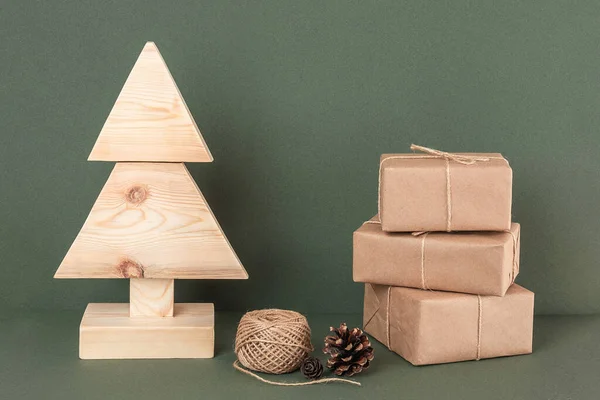 Navidad Composición Año Nuevo Árbol Navidad Madera Hecho Casa Tres —  Fotos de Stock