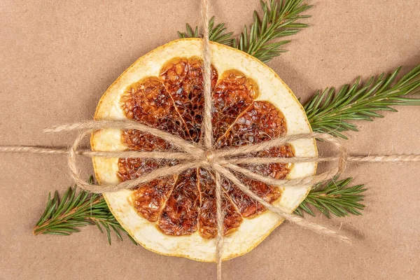 Dried Slice Orange Spruce Branch Craft Box Jute Rope Close — Foto Stock