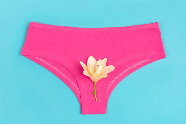 Pink Underpants Flower Blue Background Close Concept Keep Your Vagina — ストック写真