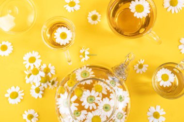 Üç fincan çay ve sarı arka planda papatya çiçekli şeffaf çaydanlık. Papatya çayı sağlığınıza iyi gelir. Üst Görünüm Düz.