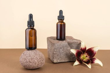 Taşların üzerinde pipeti olan iki kozmetik kahverengi cam şişe, bej kahverengi arka plan. Doğal Organik Spa Kozmetik Konsepti. Ön görünüm Boşluğu Kopyala