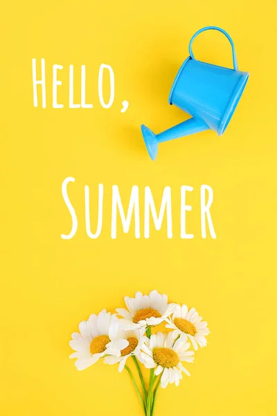 Hello Summer Text Greeting Card Bouquet Chamomiles Small Blue Watering — Stock Photo, Image