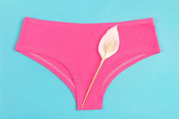 Pink Underpants Flower Blue Background Close Concept Keep Your Vagina — ストック写真