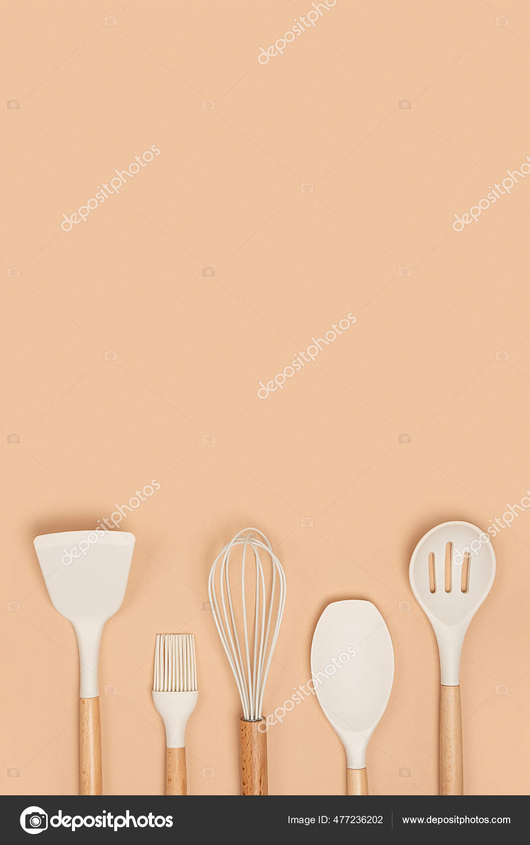 Cooking Utensil Set Silicone Kitchen Tools Wooden Handle Beige Background  Stock Photo by ©ikrolevetc 477236202