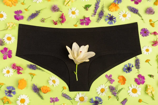 Black Panties Colorful Flowers Green Background Close Concept Keep Your — ストック写真
