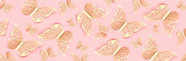Banner Made Gold Tracery Illuminating Butterflies Shiny Confetti Pink Pastel — Stock Photo, Image
