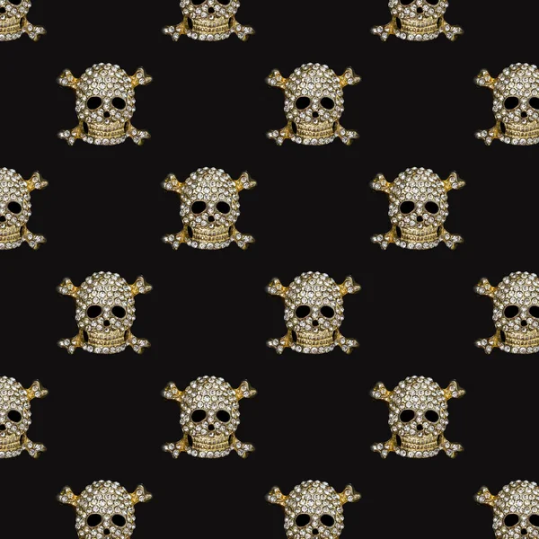 Seamless halloween pattern. Golden skull with rhinestones on black background. Happy hallowen holiday concept.