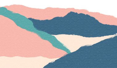 Yaratıcı minimalist doğal manzara arka planı, Japon dalga desenli doğa manzarası çizimi. Doğu tarzında Asya afiş tasarımlı dağ tepeleri.