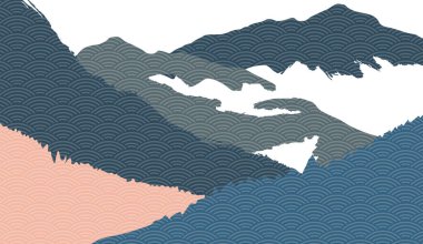 Yaratıcı minimalist doğal manzara arka planı, Japon dalga desenli doğa manzarası çizimi. Doğu tarzında Asya afiş tasarımlı dağ tepeleri.