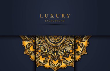 Lüks altın mandala düğün davetiyesi ve kitap kapağı için süslü bir arka plan. Arabesk İslami arkaplanı