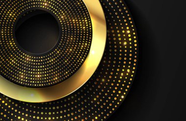 Pırıl pırıl altın çember şeklinde, 3D gerçekçi bir arka plan. Parlak altın parıltısıyla desenli siyah daire şekillerinin vektör çizimi. Zarif arkaplan şablonu