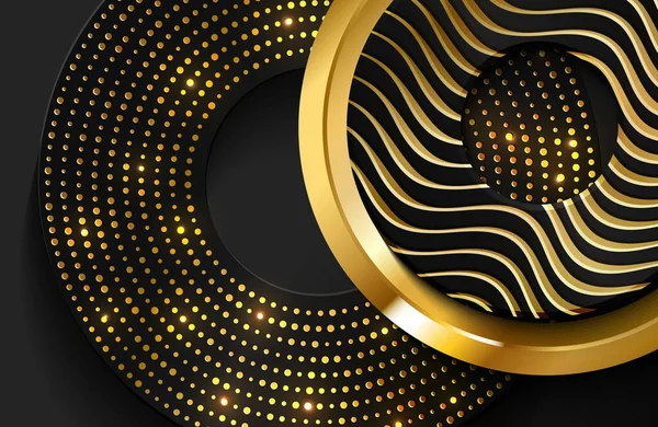 光沢のあるゴールドサークル形状と高級3Dリアルな背景 金色の波線と金の輝きでテクスチャ黒い円形状のベクトルイラスト グラフィックデザイン要素 — ストックベクタ