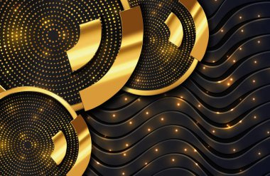 Siyah dalgalı çizgiler yüzeyindeki parlak ışık ve altın parçacıkları ile soyut arkaplan