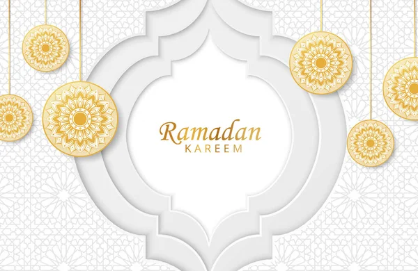 Ramadán Kareem Fondo Con Mandala Oro Adorno Corte Papel Blanco — Vector de stock