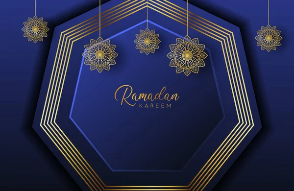 Ramadan Kareem Φόντο Χρυσό Μαντάλα Και Εξάγωνο Σχήμα Ναυτική Απεικόνιση — Διανυσματικό Αρχείο