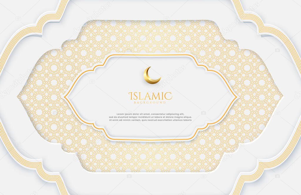 Islamic Elegant White and Golden Luxury Background with Islamic Pattern and Decorative Crescent Moon for eid mubarak celebration or greeting card