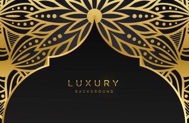 Işıldayan altın islamik arabesk süsü ile karanlık bir zemin.