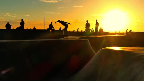 Mensen skateboarden in het beroemde Santa Monika skatepark bij zonsondergang. — Stockvideo