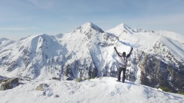 Aerial Flight Around Mountain Peak, Hiker Climbing Up — Stock Video