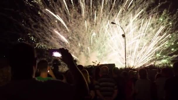 Tarragona, spanien - ca. juli 2016 - die menschen sehen sich ein feuerwerk an und zeichnen es mit ihren smartphones auf. — Stockvideo
