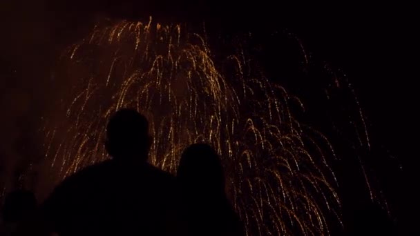 Jovem casal abraçando na frente de ouro fogos de artifício celebração amor Romance bela celebração — Vídeo de Stock