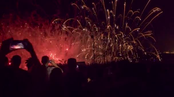 Silhouettes de foule heureuses regardant l'affichage de feux d'artifice prendre des photos avec le concept de style de vie de technologie de téléphone intelligent — Video