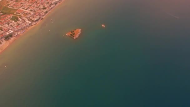 Aerial Flight Over Sea Town Coast Sunset Colors Holiday Tourism Beach Ocean Beauty Clear Blue Island Exotic Destination Concept — Stock Video