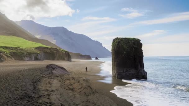 Häpnadsväckande antenn flyg över människan promenader på stora vulkaniska oceanen Shore Rock Bildning Episk skala Ung Jord Miljö Spiritualitet Skönhet av naturen — Stockvideo