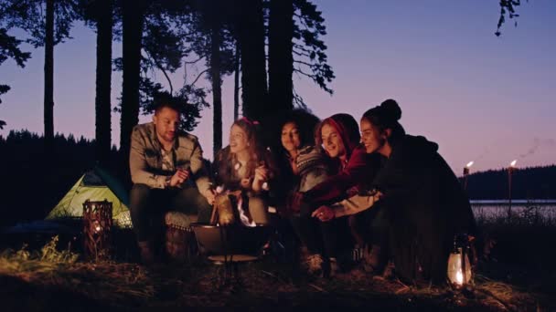 Группа счастливых друзей бизнес побег команда здание сидя вокруг костра в сумерках в лесу смеясь и проведение зефир Природный туризм Партия путешествий концепция медленного движения выстрел на Красный Эпик W 8k — стоковое видео