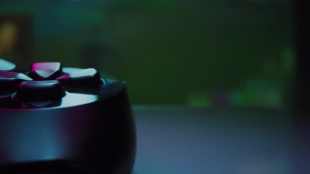 Close Up Of Game Controller Lit By Tournament Lights At Nigh Streaming Live Hobby Slow Motion Macro 8k — Stock video