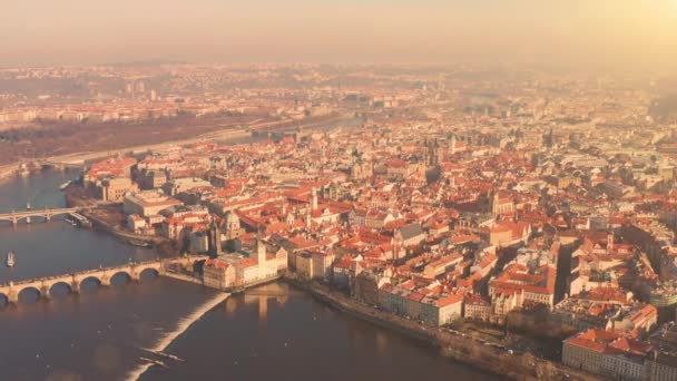 Aerial Flight Over European Bridge Skyline At Evening Art History Vacation Modern Life Slow Motion Low Light — Stock Video