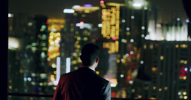 Young Businessman Looking At City Sky Scrapers Rooftop Urban City View Finance Leadership Night City Lights Slow Motion Red Epic 8k — Stock Video