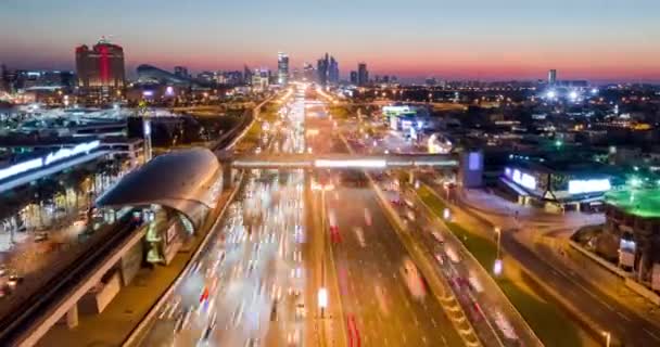 Aerial Of Urban Highway At Night Rush Hour Traffic City Panorama Metropolitan Landscape Low Light Uhd Hdr 4k — Stock Video