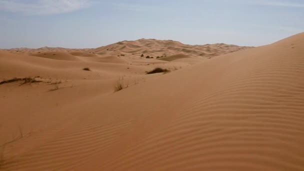 Vuelo en helicóptero sobre la textura de arena del desierto Naranja color arena desierto Safari aventura baja luz Uhd Hdr 4k — Vídeos de Stock