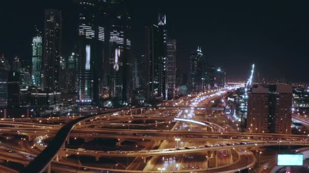 Drone Flight Over Urban Overpass Traffic Jam Futuristic Communication City Dubaj Business District Low Light Uhd Hdr 4k — Stock video