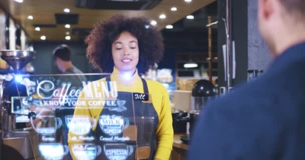 Beautiful Barista Woman Servicing Client At Cafe Bar Futuristic Hud Display Menu Wireless Payment Near Future Concept Red Epic 8K — Stock Video
