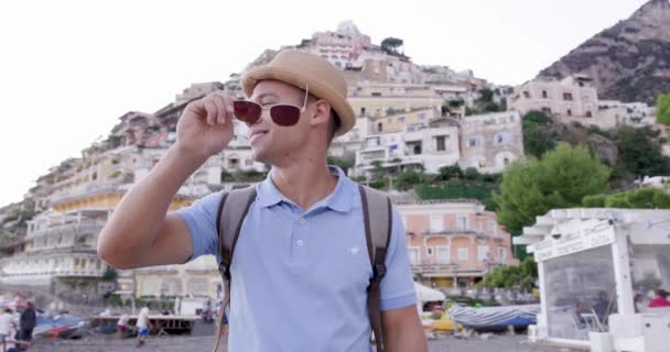 Handsome Successful Man Walking Through European Town Happiness Vacation Yachting Slow Motion Shot Red Epic 8k — Stock Video