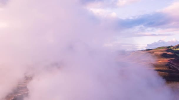 Majestic Aerial Flight Through Volcanic Hot Spring Steam Island Landscape Golden Hour Sunset Colors Scandinavian Landscape Vacation Inspiration — Stock video