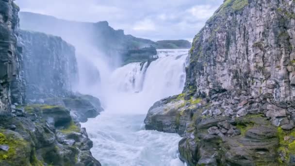 Epic Aerial Flight Over Powerful Waterfall In Iceland Crushing Water Spray Myst Unstoppable Force Amazing Nature Sight Seeing — Stock video