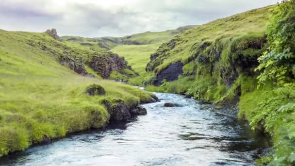 Εναέρια πτήση πάνω από την τεράστια Ισλανδική Φύση Τοπίο Paradise Spring Stream Ποταμός Αρκτικό Περιβάλλον Πνευματικότητα Amazing Nature — Αρχείο Βίντεο
