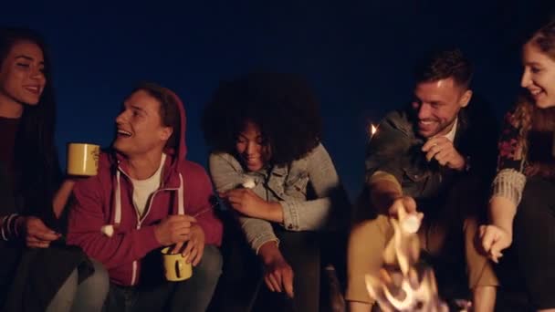 Různorodá skupina atraktivních mladých lidí sedících a usmívajících se kolem lesního tábora oheň ve večerních hodinách pití horké nápoje a usmívající se turistika životní styl romantický útěk koncepce pomalý pohyb výstřel na červenou — Stock video