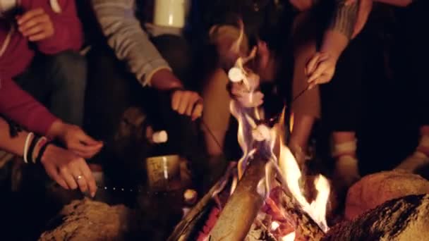 Šťastný mladý skupina táborníků kempování v lese v noci pečení marshmallows a usmívání blízké přátelství cestovní ruch romantický útěk koncepce pomalý pohyb shot na červený Epic W 8k — Stock video