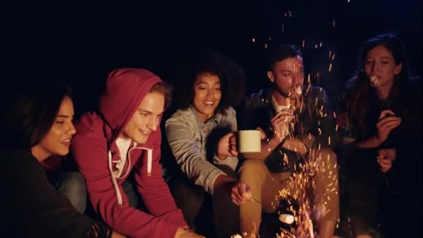 Happy Young Group Of Campers Sitting Around Bonfire At Night In Forest Eating Marshmallows Laughing And Joking Hiking Lifestyle Happiness In Nature Concept Slow Motion Shot On Red Epic W 8k — Stock Video