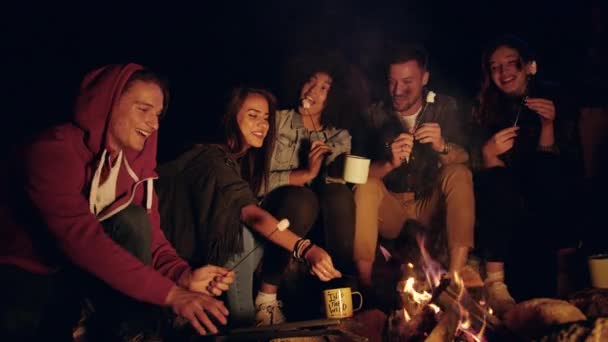 Group Of Happy Friends Camping In The Woods At Night Laughing And Holding Marshmallows Nature Tourism Travel Party Concept Slow Motion Shot On Red Epic W 8k — Stock Video