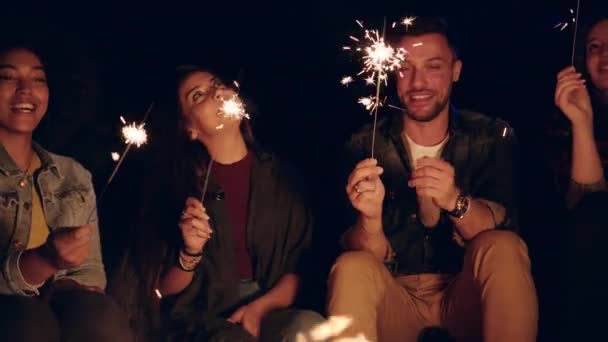 Happy Young Grupo de campistas alrededor de la quema de hoguera de camping en el bosque celebración de fuego Sparkler Celebración y sonrisa Cerrar Amistad Turismo Ocio Concepto Slow Motion Shot On Red Epic W 8k — Vídeos de Stock